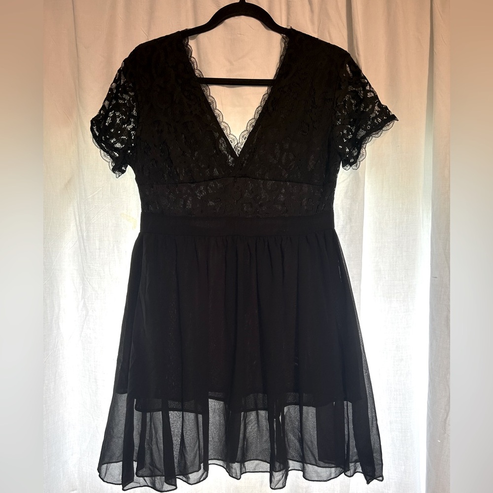 Women’s black mesh floral embroidery babydoll cocktail dress